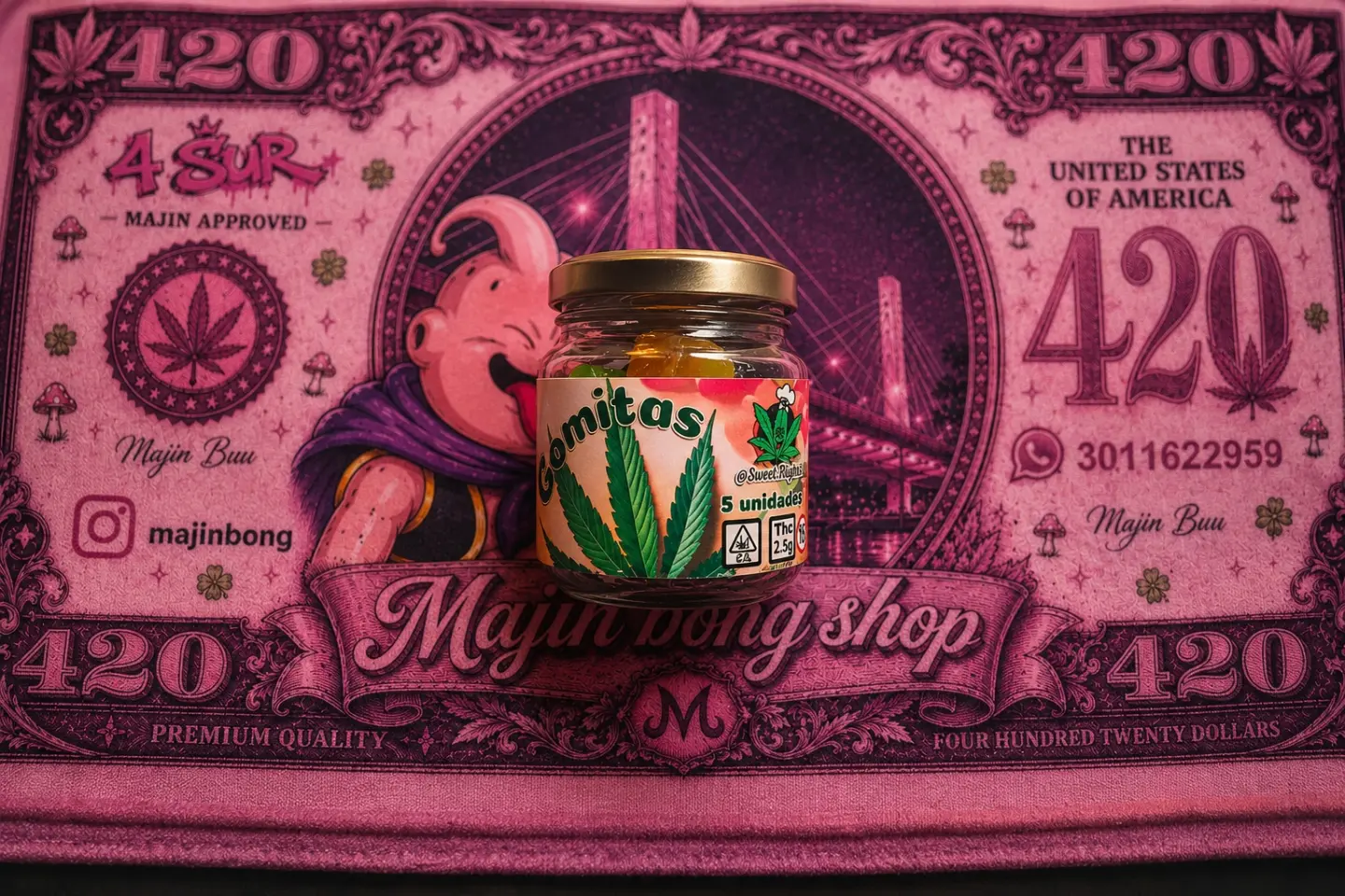 Gomitas sobre el billete 420 de Majin Bong