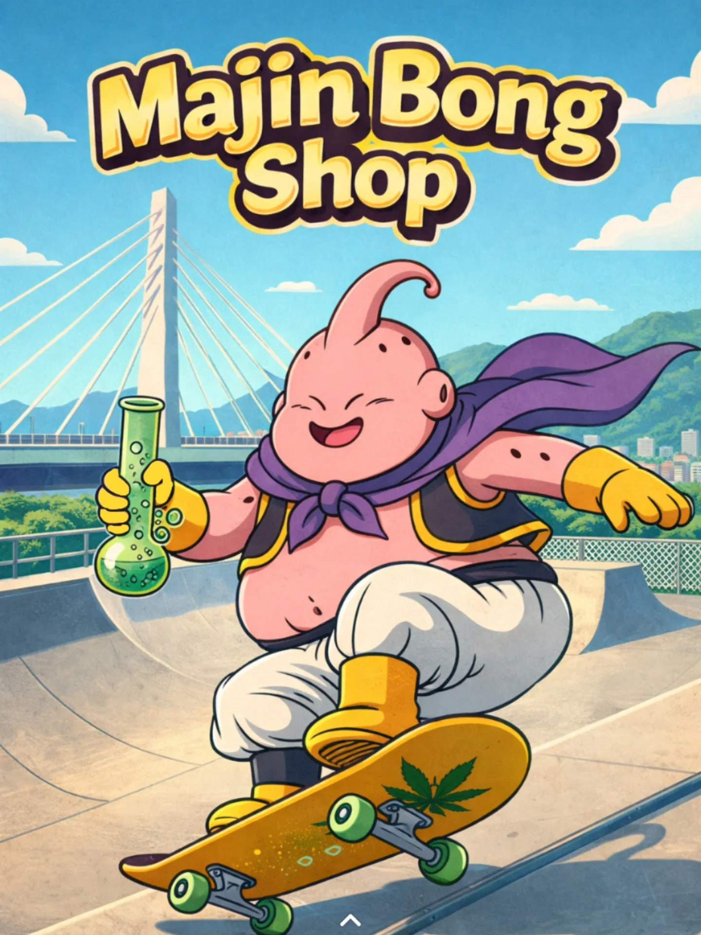 Majin Buu en patineta con un bong